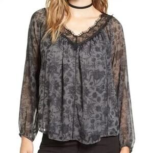 ASTR the Label Lace Trim Floral Chiffon Blouse size Large